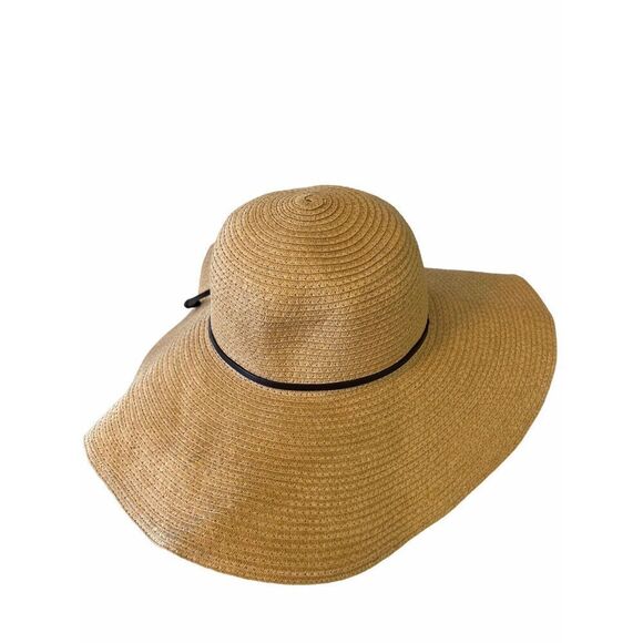 Womens Large Tan Floppy Folding Wide 5” Brim Straw Sun Beach Hat Rue 21 Etc! OS - Picture 5 of 8